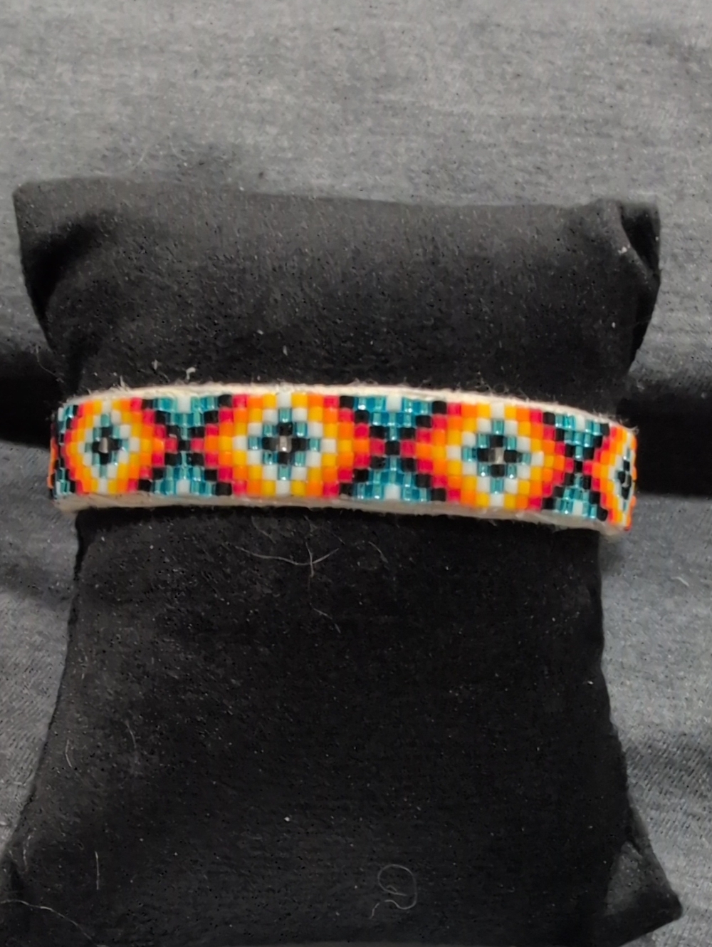 Navajo Handcrafted Multicolor Seed Bead Leather Bracelet - Geometric Pattern
